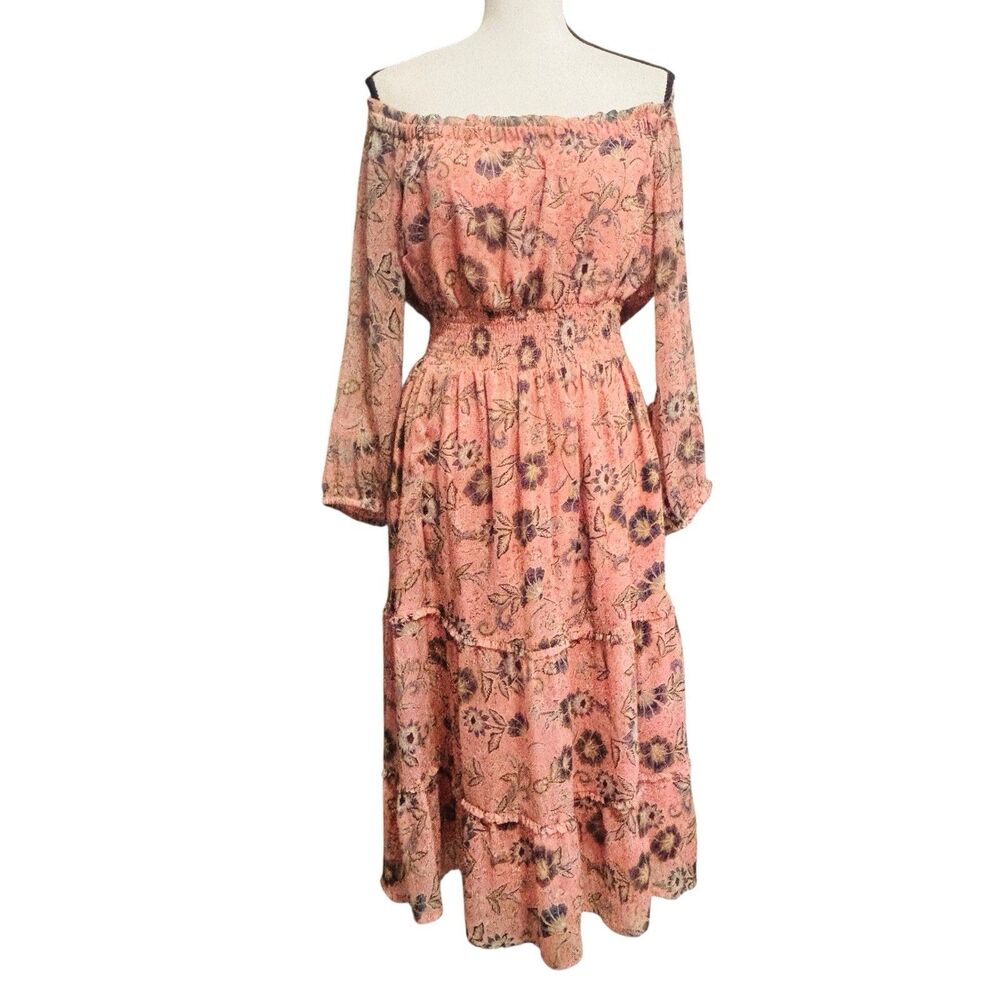 Patrons of Peace OTS Fresco Dress Sz Large Peach Floral Tiered Skirt